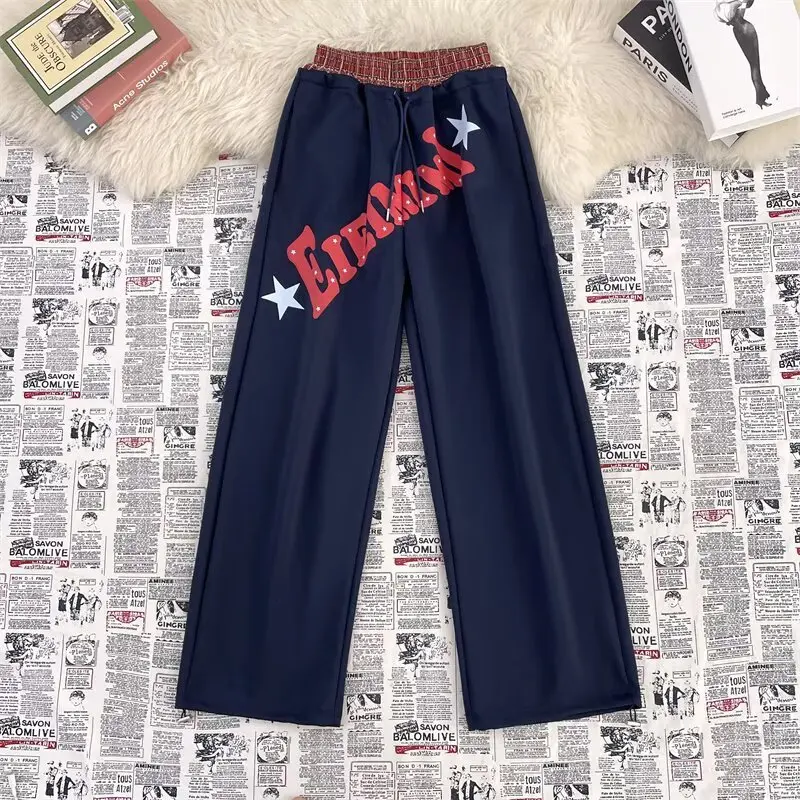 

Мужские спортивные брюки в американском ретро-стиле с двойным поясом, свободные, широкие штанины, для уличных танцев, повседневные, длинные, с принтом, удобные