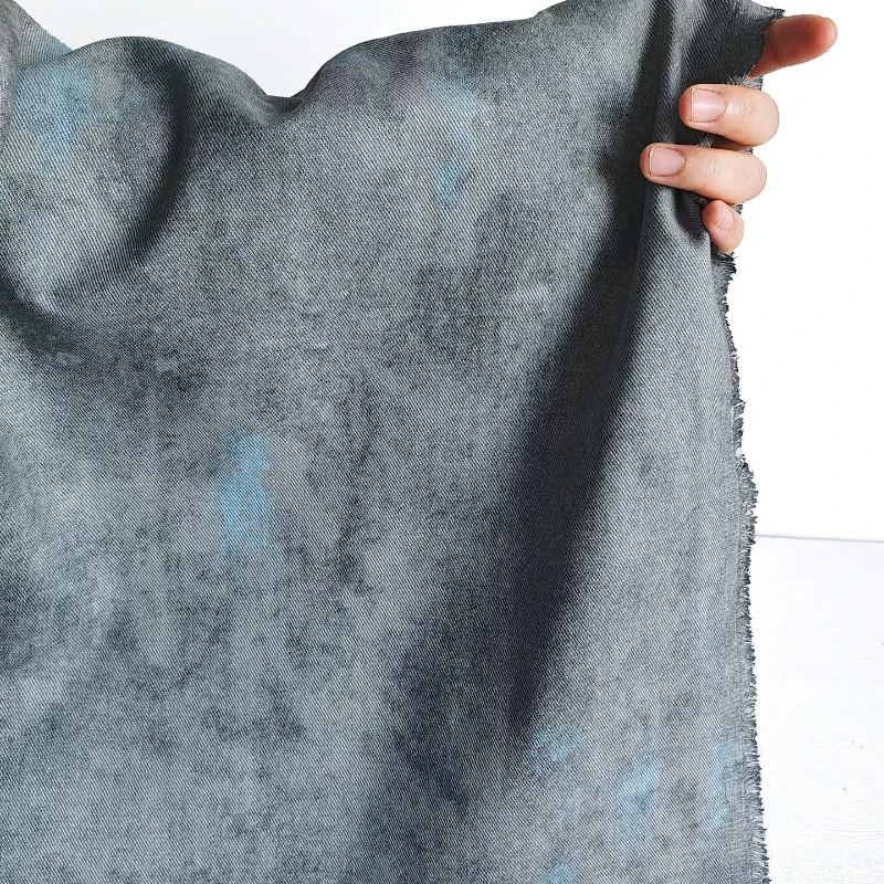 Cement Grey Distressed Mottled Oxford Denim Fabric Creative Vintage Reconstructed for Outerwear Designer DIY Sewing Accessories