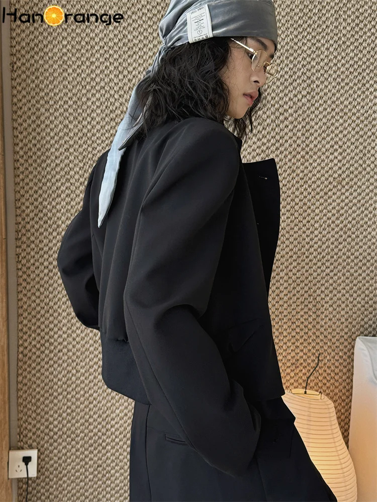 HanOrange 2026 Spring Autumn Stand Collar Slanted Placket Short Blazer Staggered Patchwork Women's Jacket Black