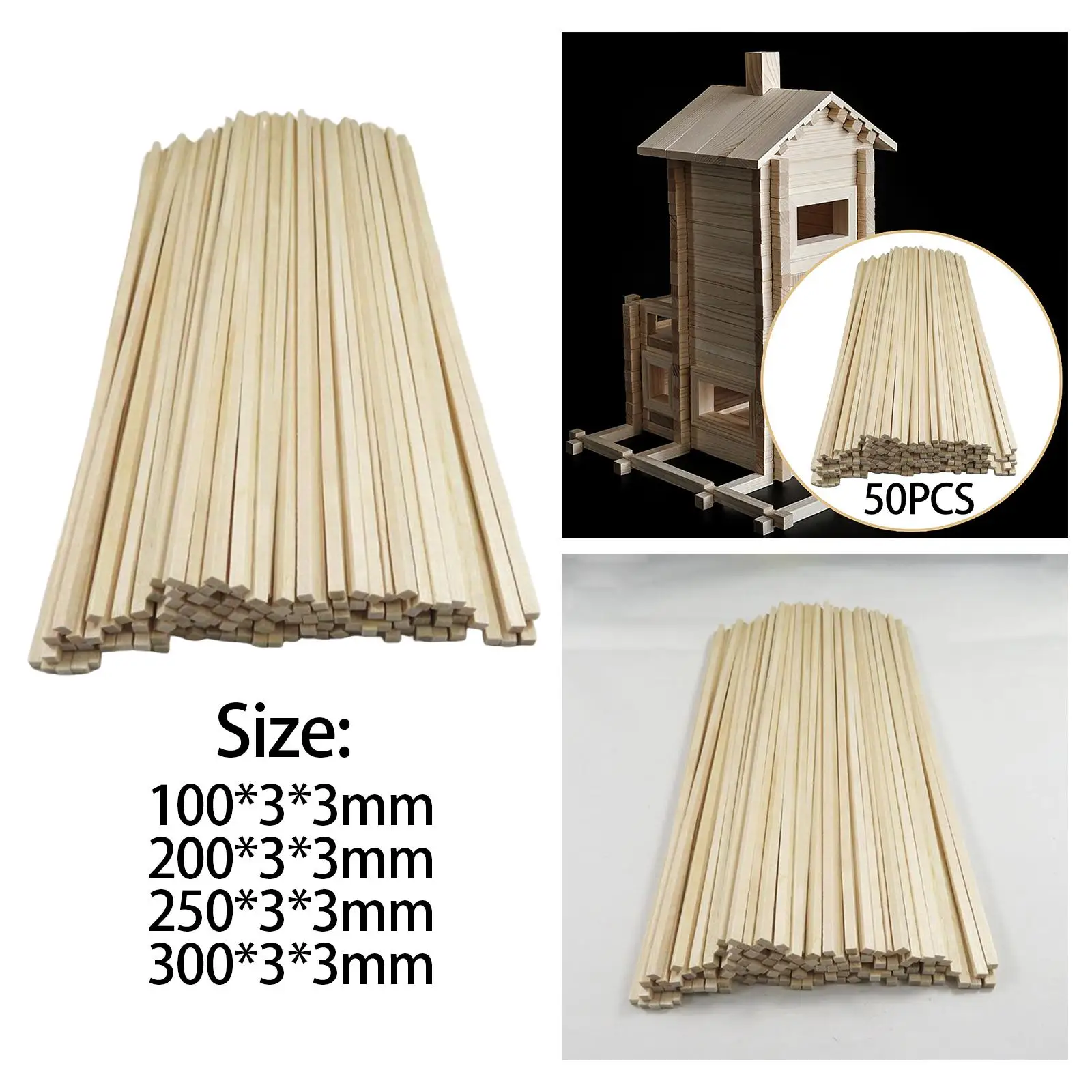 Unfinished Wood Sticks Square Dowel Rods 1/8 Inch for Crafts Model Building DIY Wooden Strips Pack of 50