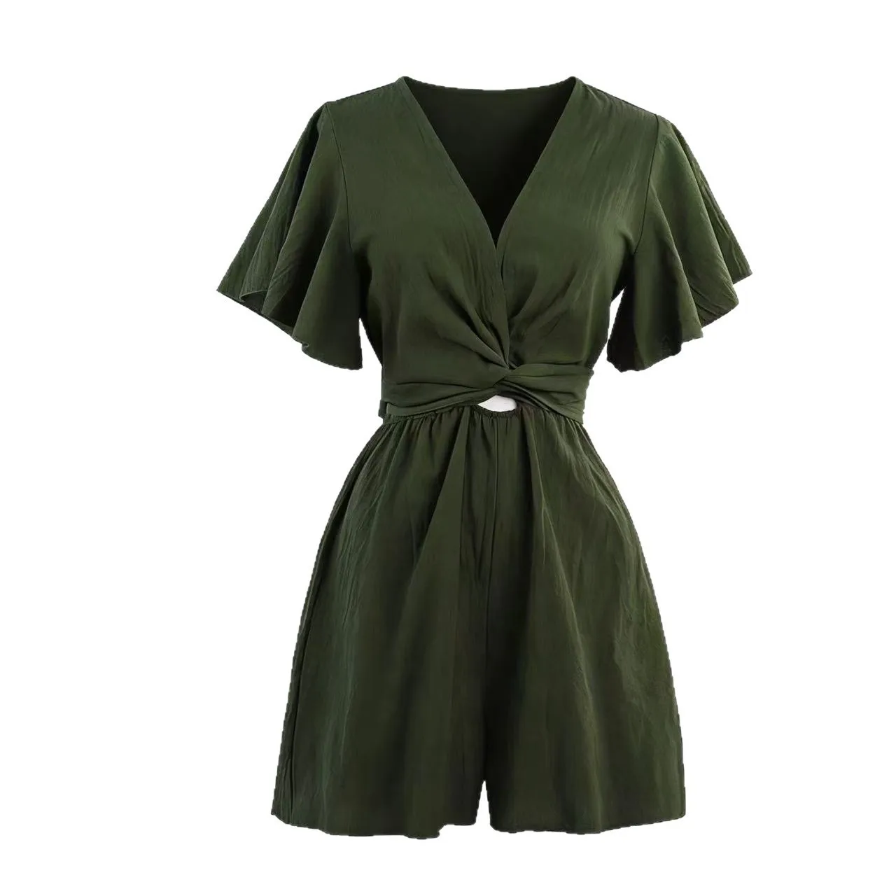 Women Clothing V-neck Belted Temperament Commuter Solid Color Jumpsuit Women Summer New Short-sleeved Lace New Vacation Jumpsuit