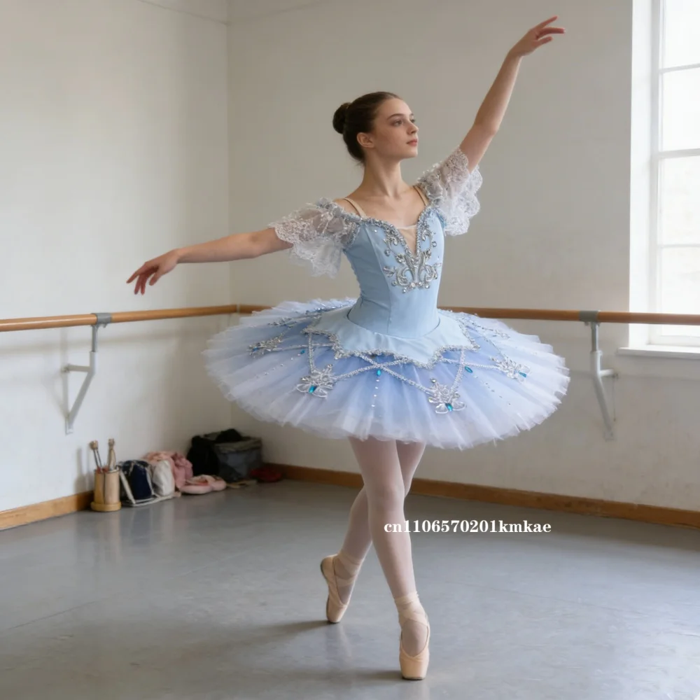 Women's Romantic Light Blue Ballet Performance Tutu, Glitter Tulle Skirt with Lace & Rhinestones for Professional Dance