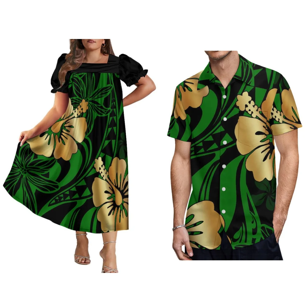 Polynesian Island Dress Mumu Maxi Dress With Puffed Sleeves For Women And Hawaiian Men'S Shirt Samoa Plus-Size Couple Suit