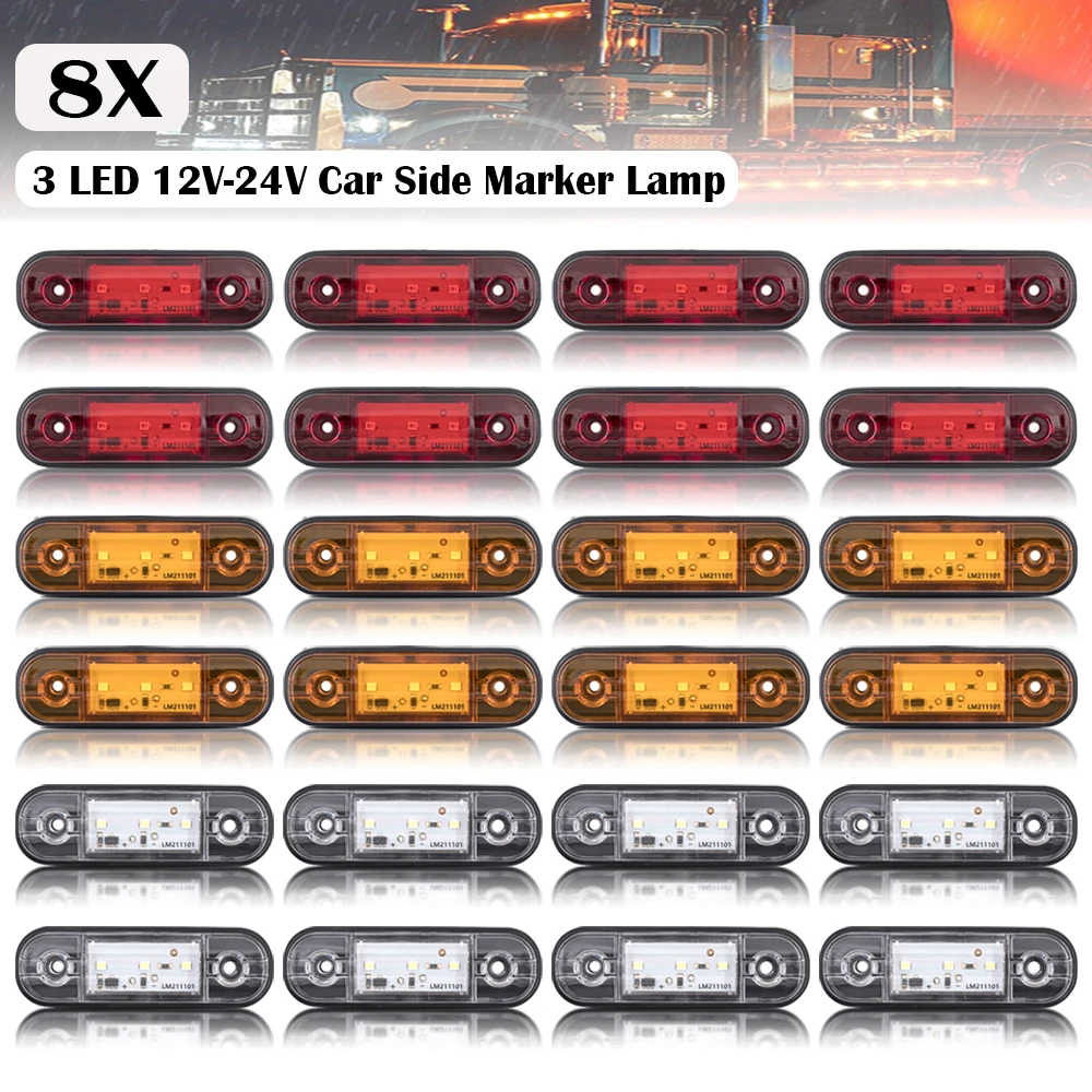 8PCS 12V 24V LED Spia per auto 3 LED Luce per camion rimorchio Camion Arancione Bianco Rosso LED Indicatore di posizione laterale Lampada 12V 24V