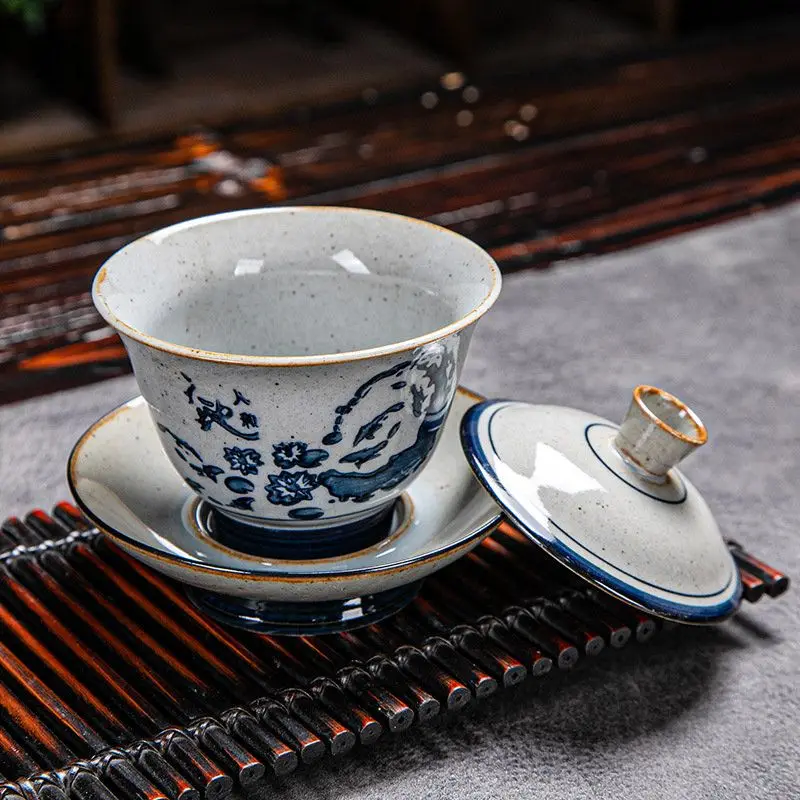 170ml retro wood-fired hand-painted three-way Gaiwan Ceramic blue and white tea bowl Kung Fu tea set coarse pottery teacup