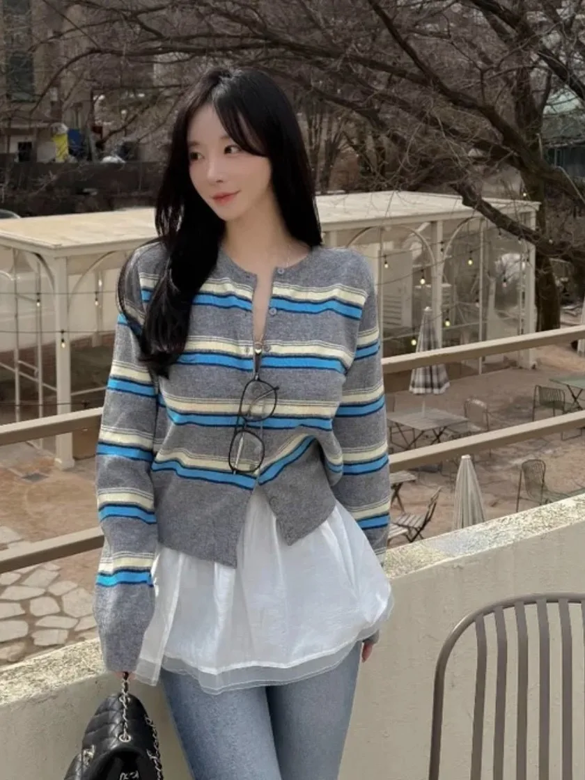 Cardigan tricoté à rayures amincissantes pour femme, décontracté, basique, bouton unique, coupe ample, Long, rond, Ne Open, irt, nouvelle collection automne