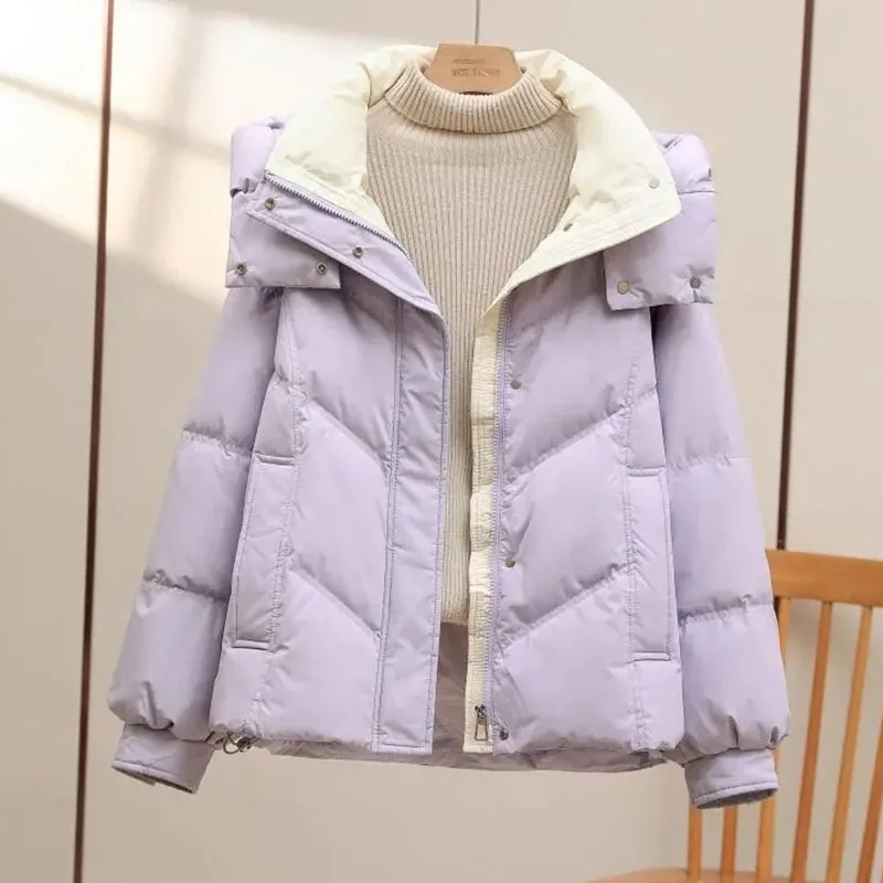 

Korean Ladies Long Sleeves Puffer Outwear 2025 Women Fashion Color Blocked Parkas Jacket Winter Femme Hooded Cotton Padded Coat