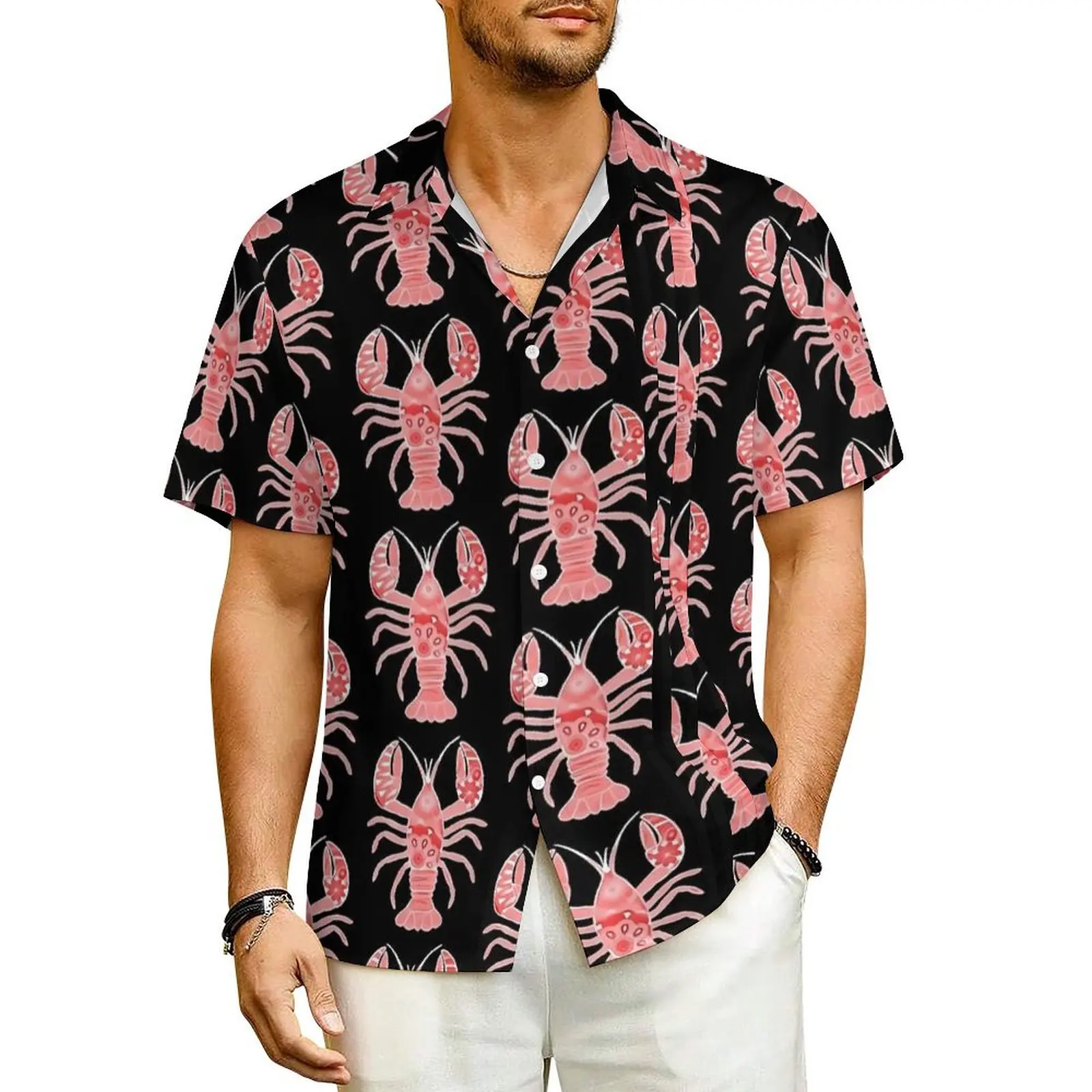 

Hawaiian Shirt Vacation Lobster Print Blouses Red and White Trendy Casual Shirts Male Short Sleeve Y2K Fashion Oversized Top