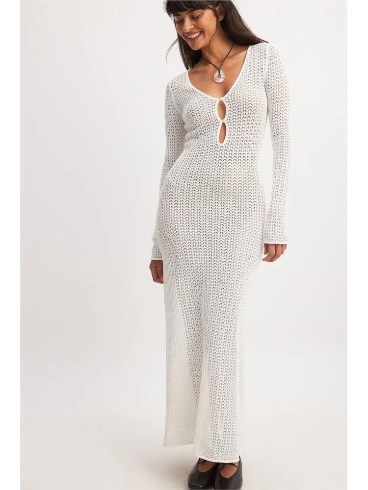 المرأة مثير الأبيض متماسكة ملابس السباحة التستر العميق الخامس الرقبة التعادل الجوف خارج كم طويل شاطئ فستان ماكسي 2026 الصيف عطلة الزي #6