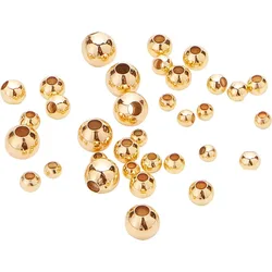 200Pcs 18K Gold Plated Brass Beads Round Spacer Beads with 4 Mixed Size(0.5-1.5mm Hole) for Necklaces Bracelets and Jewelry