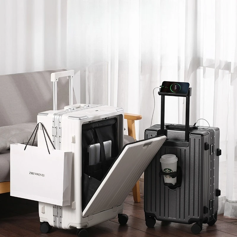 

Aluminum Frame Luggage 20 24 Inch Hard Shell Spinner Dual USB Port Front Opening Laptop Compartment TSA Lock Lightweight