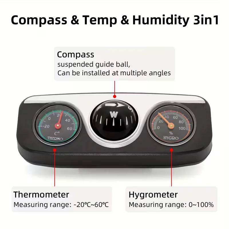 TRALOW 3-in-1 Compass,Thermometer&Hygrometer Car Dashboard Ornament Design,Easy-to-Read,Lightweight Car Interior Accessories