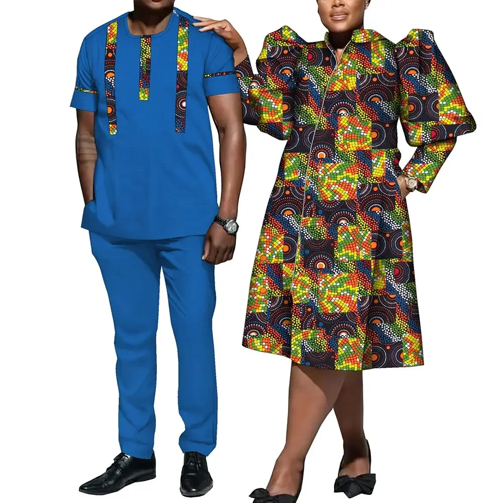 Fashion African Couple Clothes  Suits Set for Men Women African Bazin Riche Wedding Party African Clothes WYQ1087