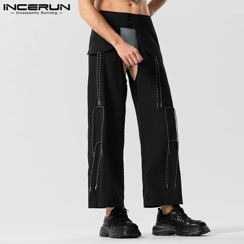 

INCERUN 2024 Stylish New Mens Pants Sexy Hollow Design Trousers Casual Well Fitting Male Solid Drawstring Tie Up Pantalons S-5XL