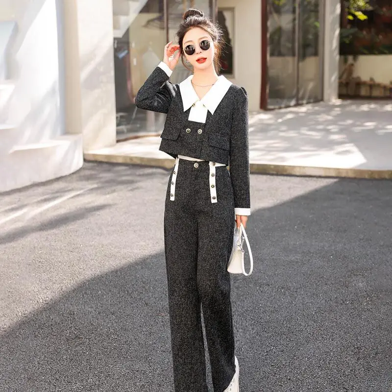 Women's Autumn/Winter Lapel Tweed Suit Wide-leg Pant Set Vintage Double-breasted Contrasting Woolen Jacket Trouser Two-piece 