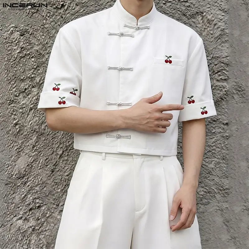 INCERUN Men's Shirt Printing Vintage Stand Collar Short Sleeve Crop Tops For Man Summer Streetwear Loose Casual Men Clothes 2026