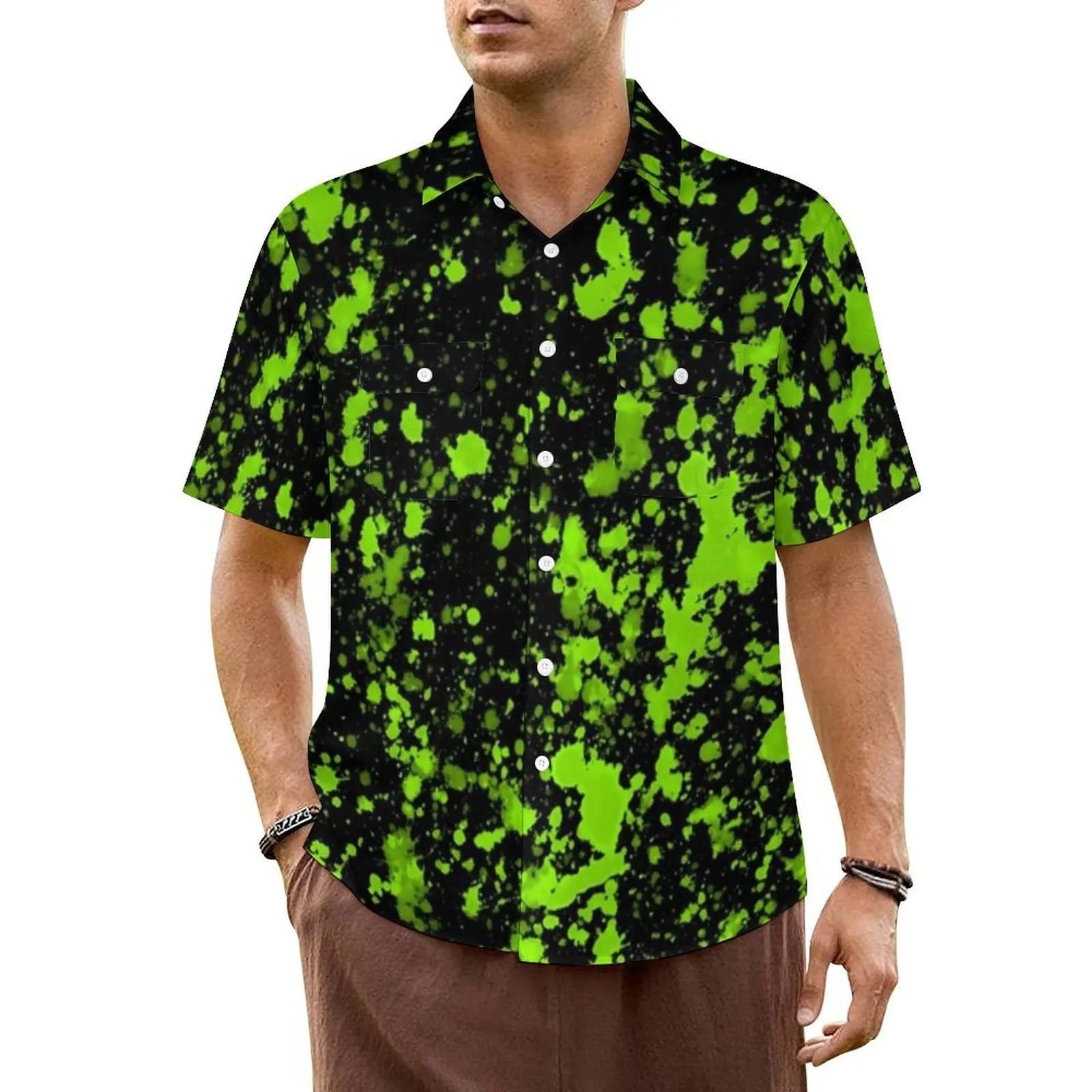 

Green Paint Splatter Beach Shirt Man Cool Neon Print Trendy Casual Shirts Hawaiian Short Sleeve Stylish Design Oversize Blouses