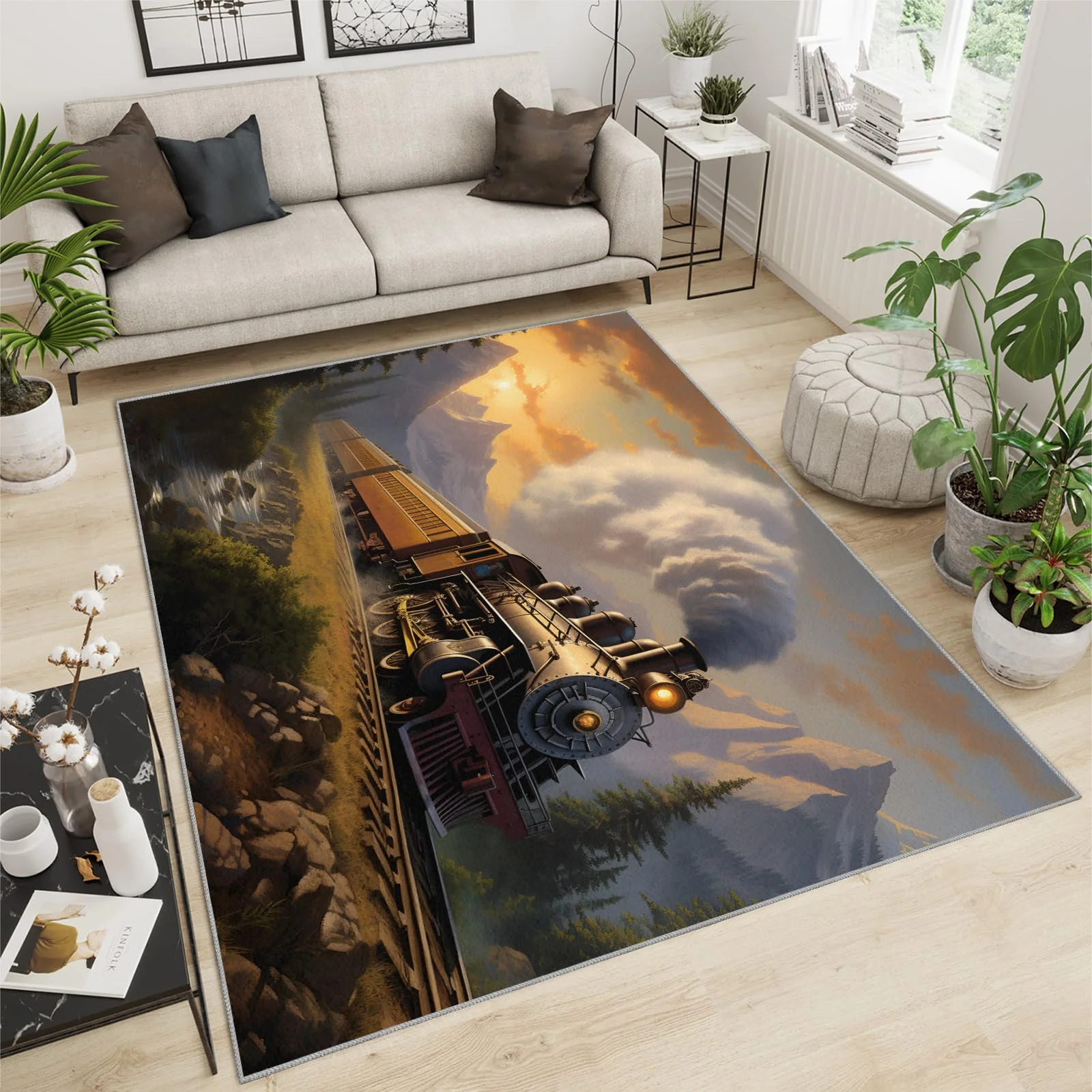 Sunset Steam Train Printed Area Rug Non Slip Washable Floor Mat for Living Room Bedroom Vintage Nature Home Decor Carpet