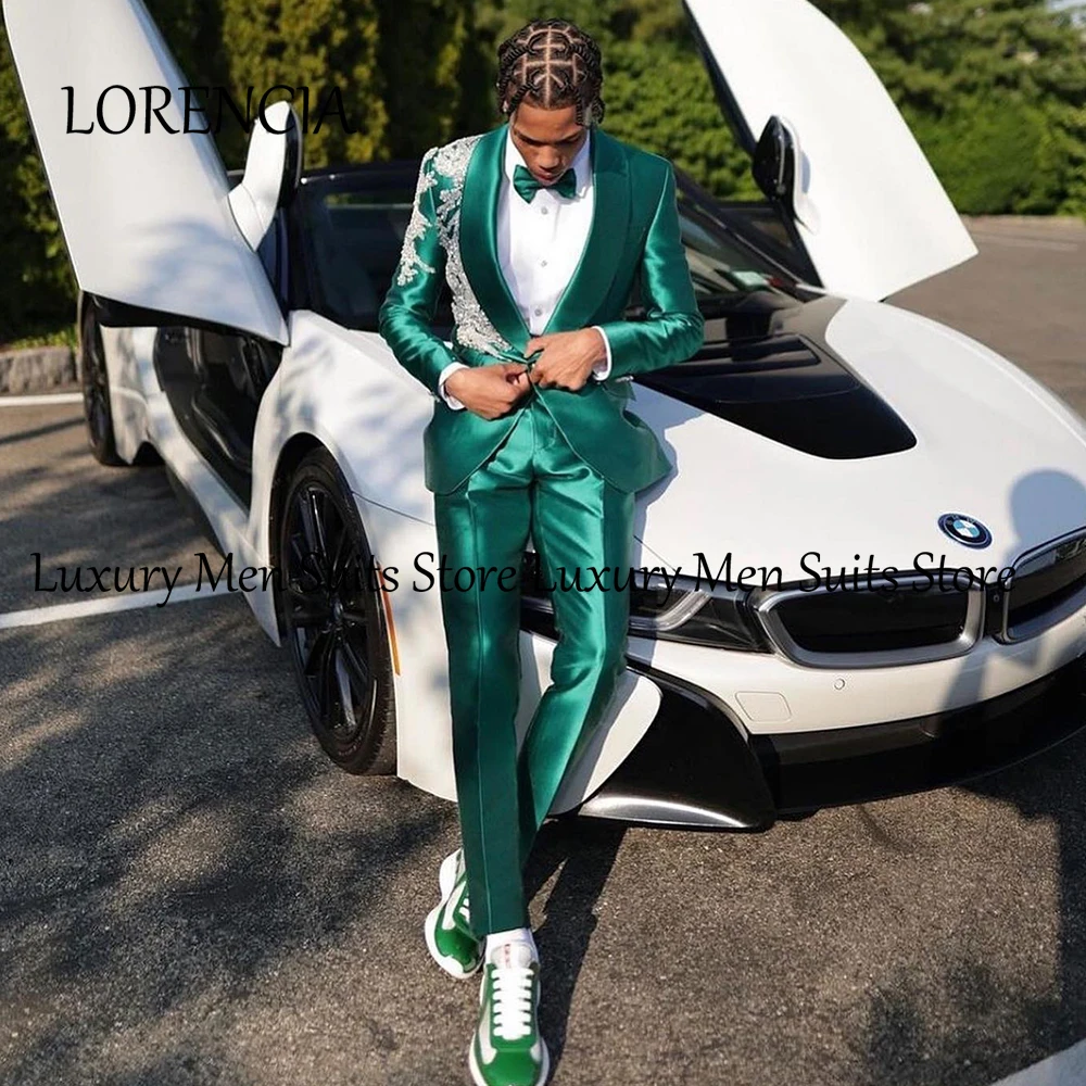 Elegant Satin Men Suit 2 Pieces Sparkly Crystal Tuxedos Wedding Party Outfits Customized Blazer Pants ternos masculino completo