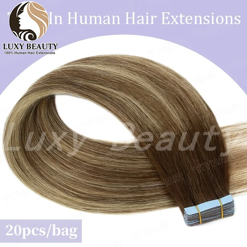 Straight Balayge Brown Tape in Hair Extensions Human Hair Highlights Blonde Seamless PU Skin Weft Tape In Hair Extensions 20PCS