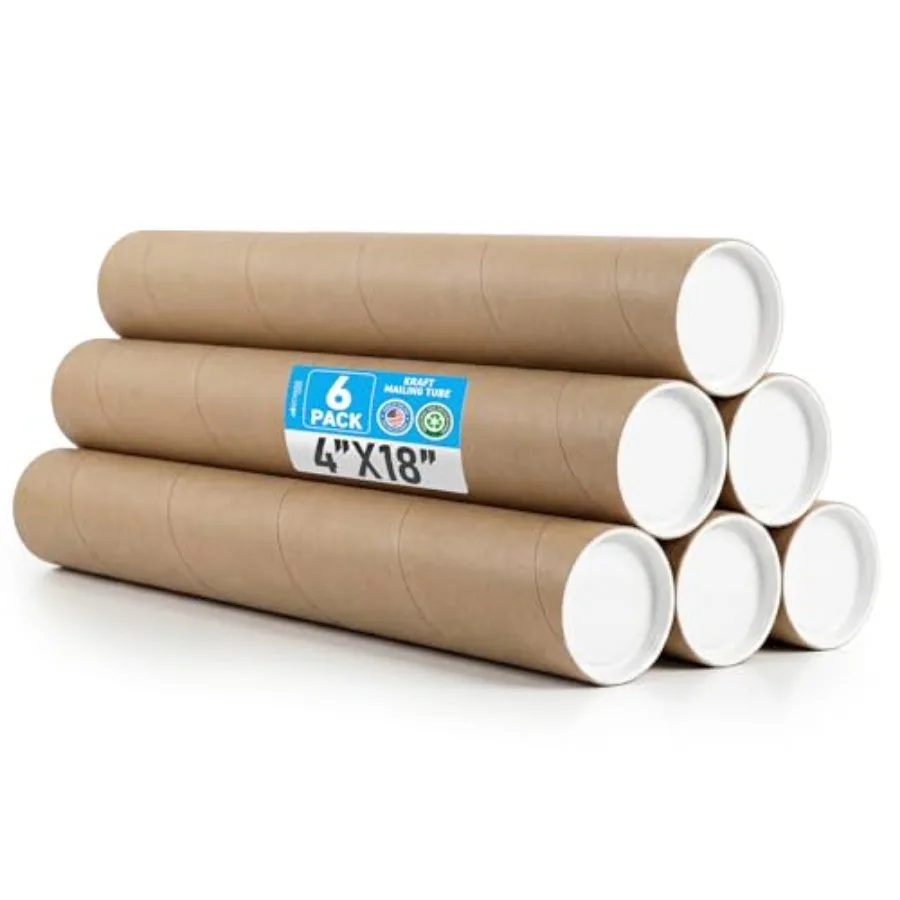 

4 x 18 Inch Kraft Mailing Tubes - Rigid Round Cardboard Shipping Tubes with Secure End Caps - Heavy-Duty Storage for Large Post