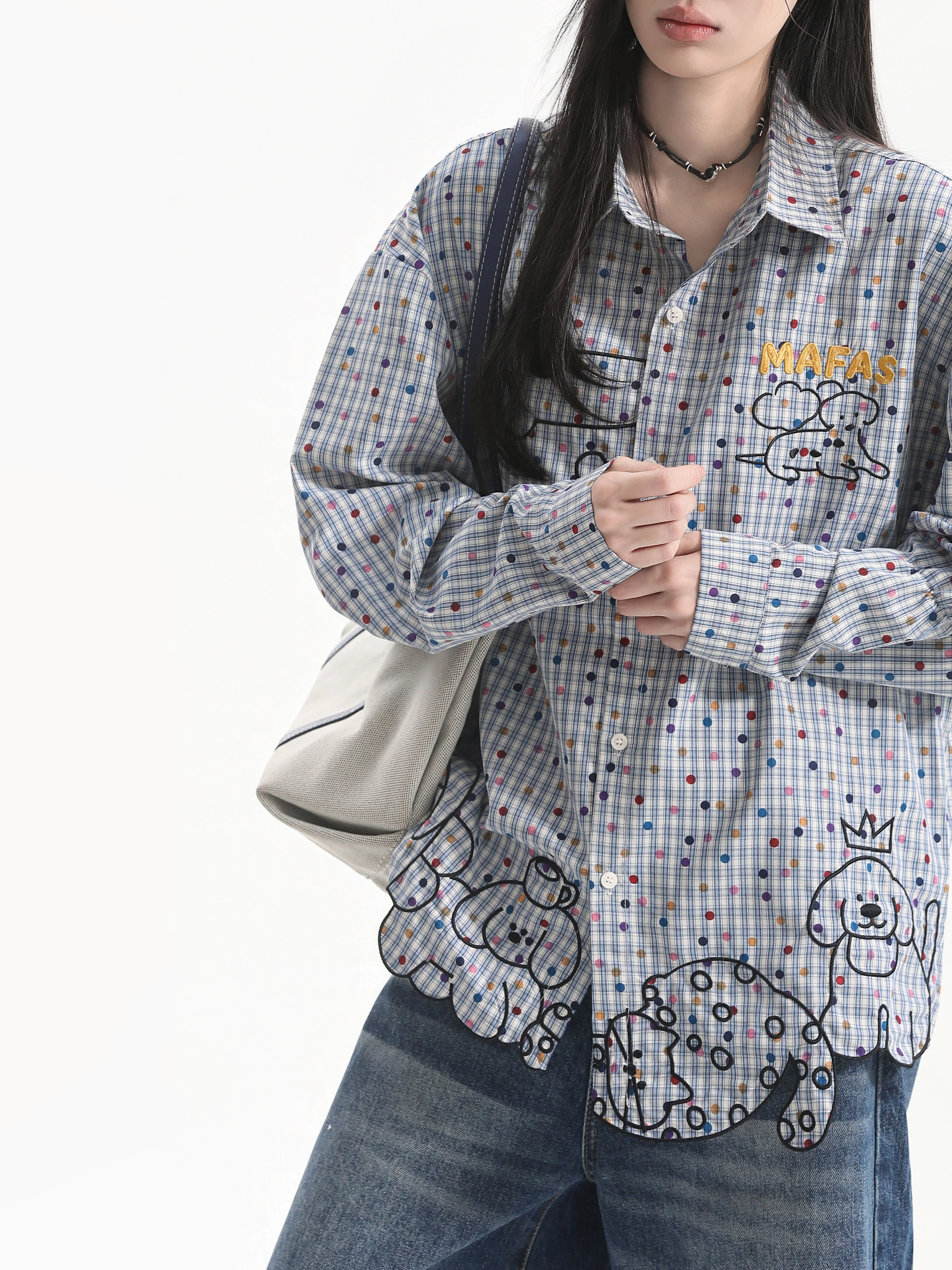 3D Tailoring Cartoon Dog Print Long Sleeve Shirt Casual Style Polyester Fabric Vintage Series Flat Button Closure Women's Shirt