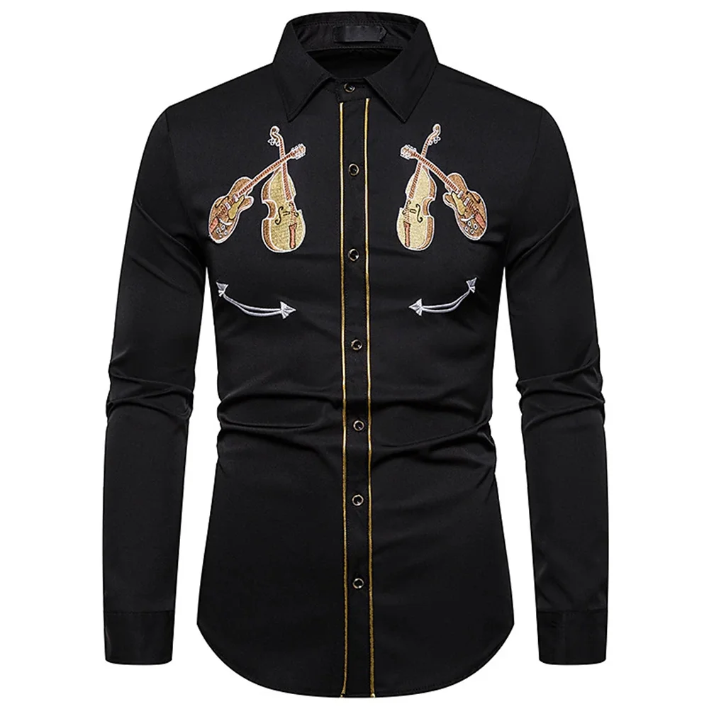 Camisa de estilo occidental para hombre, patrón de instrumentos musicales, estampado de botones de manga larga de calle, ropa de calle deportiva de