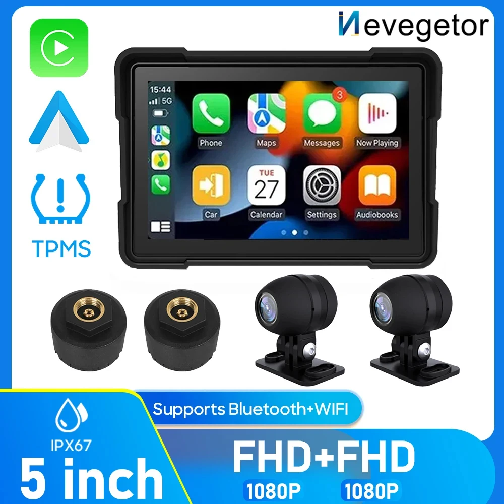 

Nevegetor FOR Motorcycle Carplay Waterproof 1080P 5 Inch WiFi Wireless Android Auto DVR Monitor Dash Cam GPS Navigation TPMS