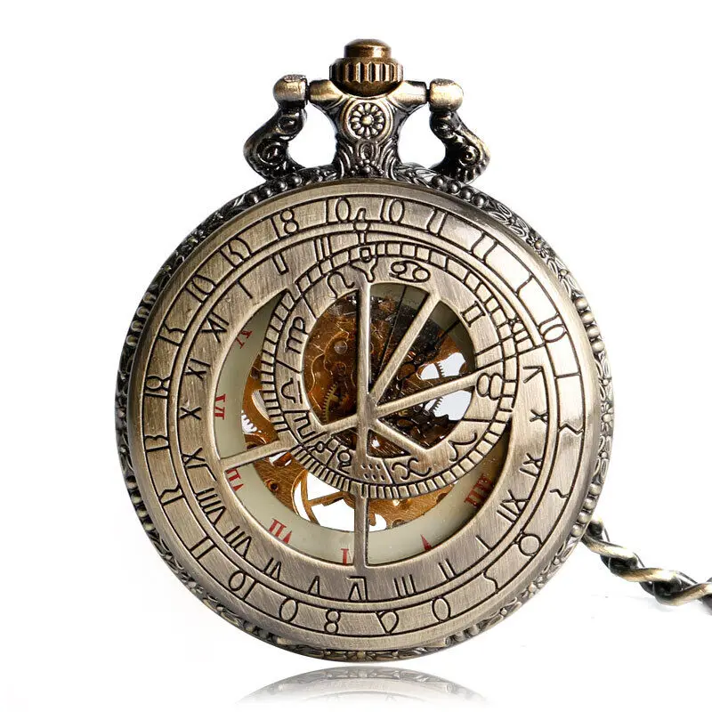 Steampunk Pocket Watch Bronze Tone Case Men's Mechanical Windup Chain Roman Numeral Display Nice Gift