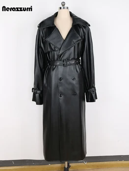 Nerazzurri Spring Autumn Long Oversized Windproof Waterproof Black Pu Leather Trench Coat Men Belt Double Breasted Overcoat 2024 4