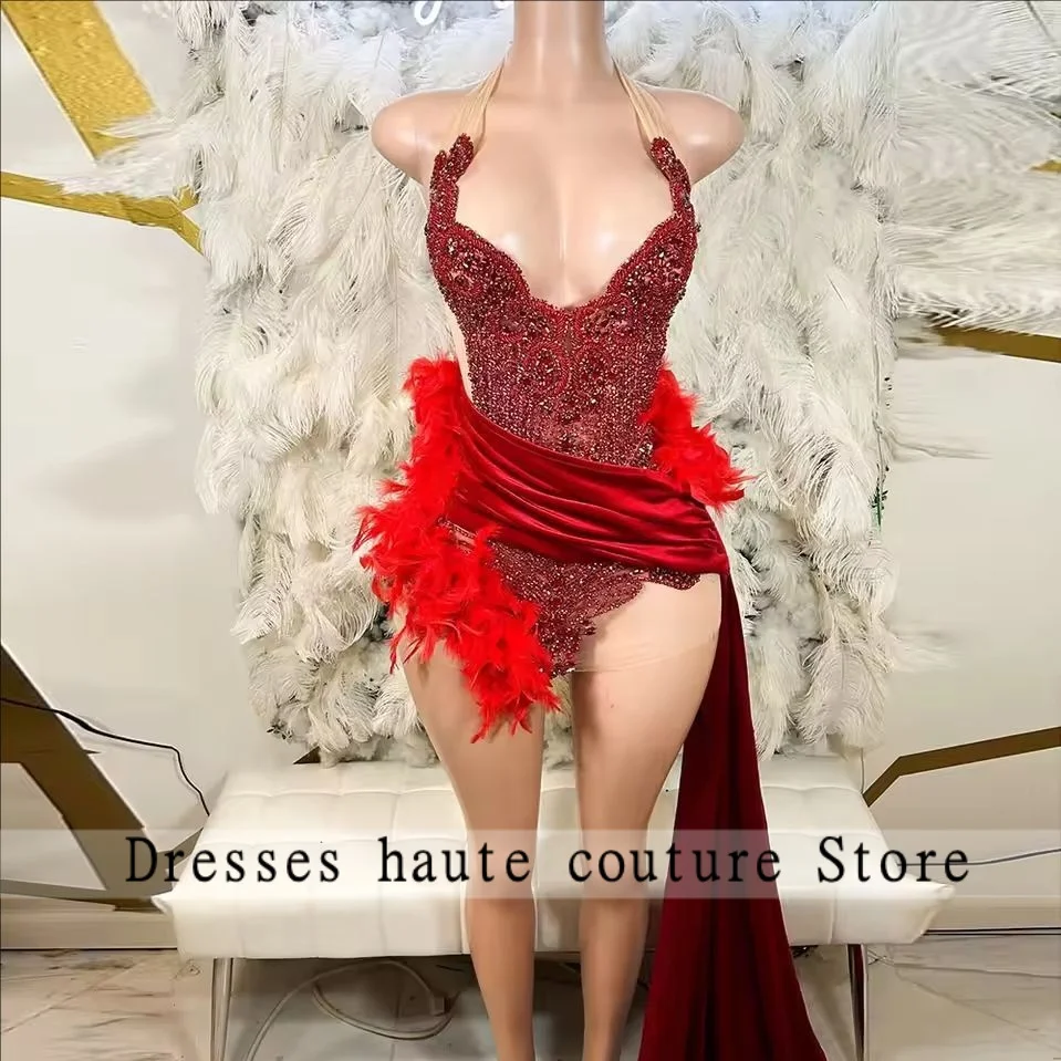 Gold Diamond Feathers Short Prom Dress With Train Black Girks 2025 Customized Birthday Luxury Dress Rhinestones Cocktail Dress