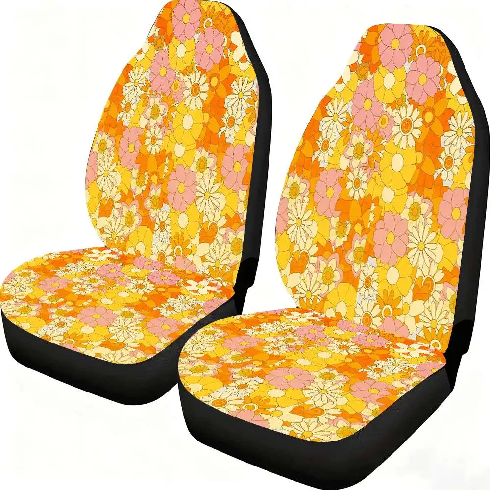 2pcs Colorful Daisy And Pop Flower Seat Covers Suitable For Front Seats, High Back Design, Material, Suitable For Cars, SUVs A