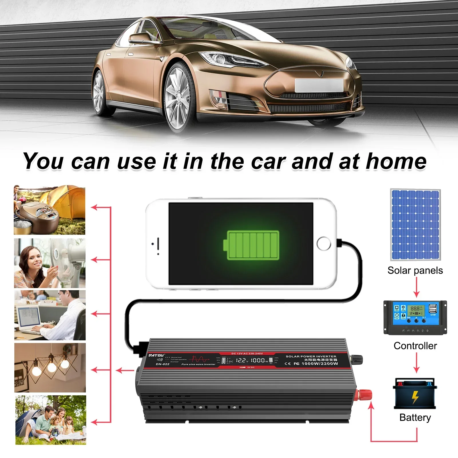 DATOUBOSS Pure Sine Wave Inverter Power Inverter 12V to 220V Pure Sine Inverter Continuous Power 1500W With USB 5V 2.1A Plug