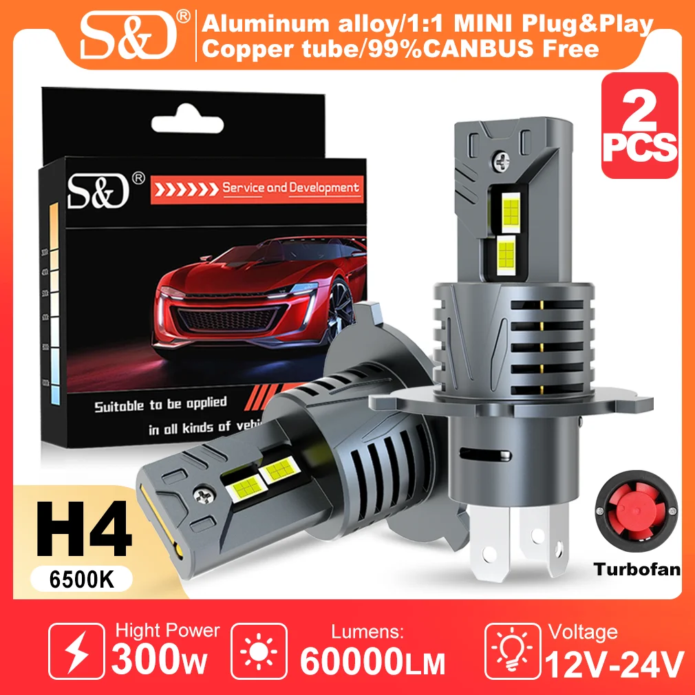 S&D H4 LED Light 300W 60000LM LED Headlight Canbus 24 CSP Car High Low Lamps With Turbo Fans Auto Lights for Driving 6500K White