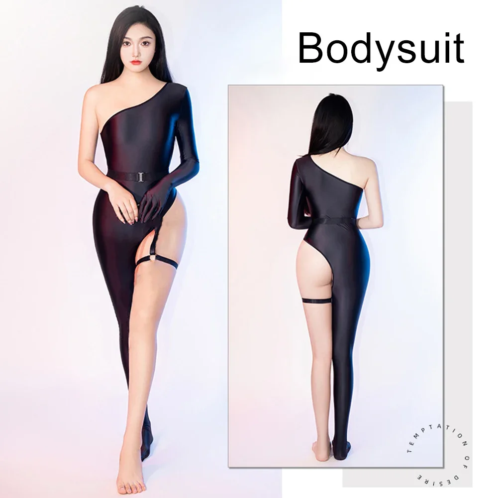 Sexy Lingerie Pajamas Female Jumpsuit Leg Ring Queen Game Oily Shiny Silky Tight Womens Costumes Night Club Female Erotic Bodyco