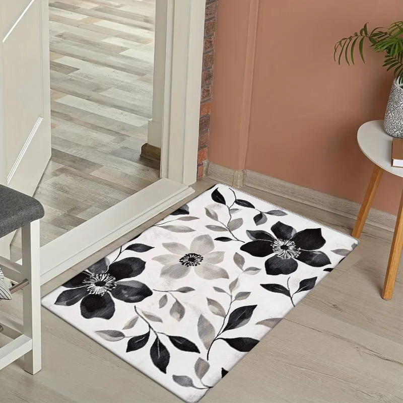 1pc Black and grey floral pattern doormats, made of polyester, machine washable, suitable for entryways and foyer.
