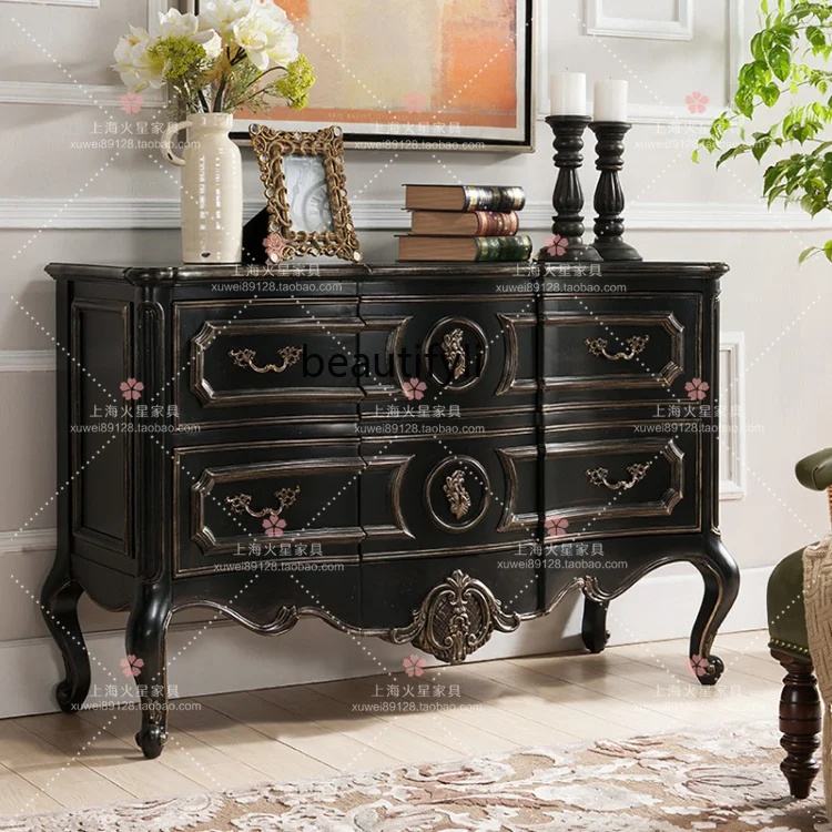 French retro black solid wood porch cabinet, chest cabinet, antique decorative storage cabinet