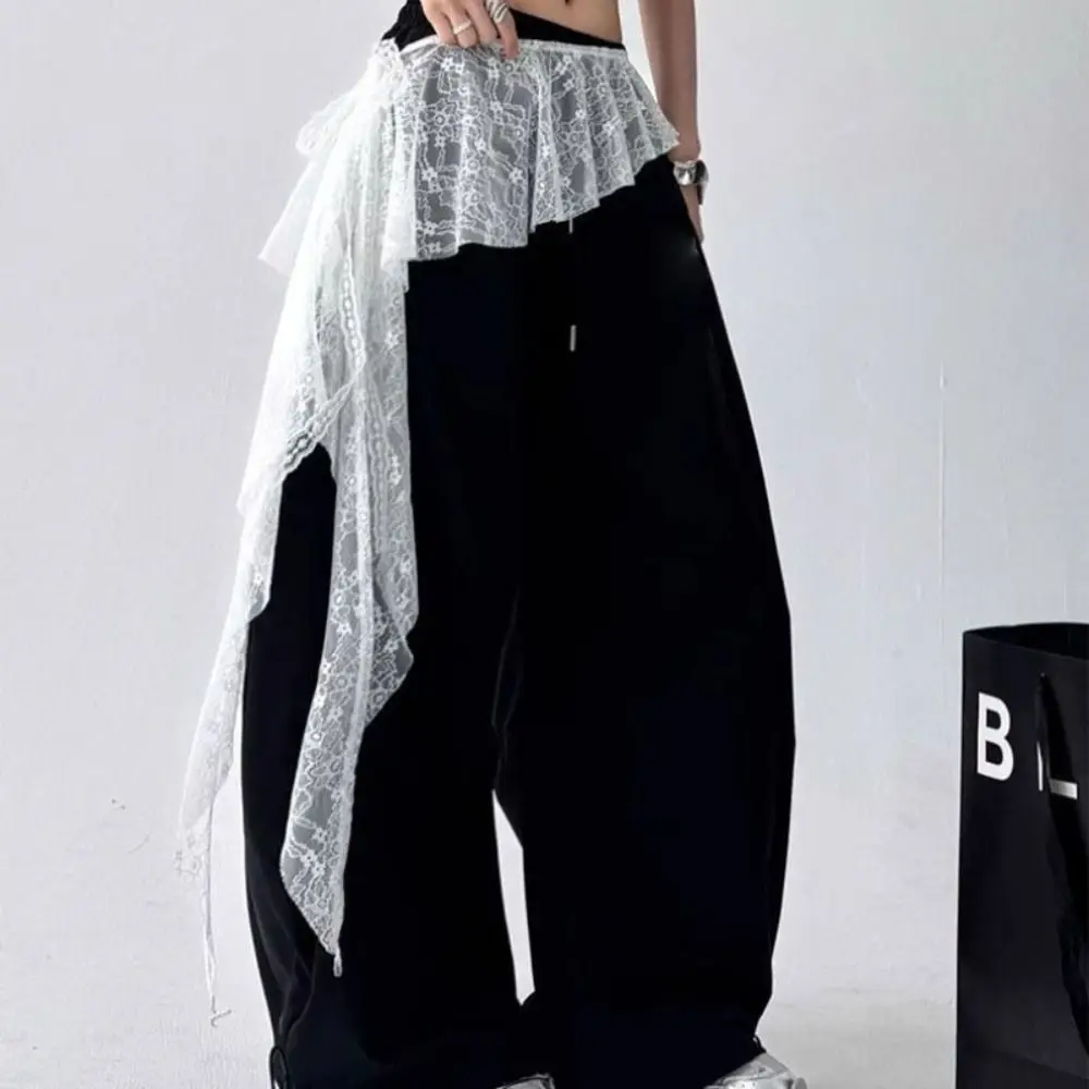 Jeans Pants Decor Embroidered Flower Lace Mini Skirt See Through Y2K Streetwear Ruched Skirts High Waist Harajuku Pleated Skirts