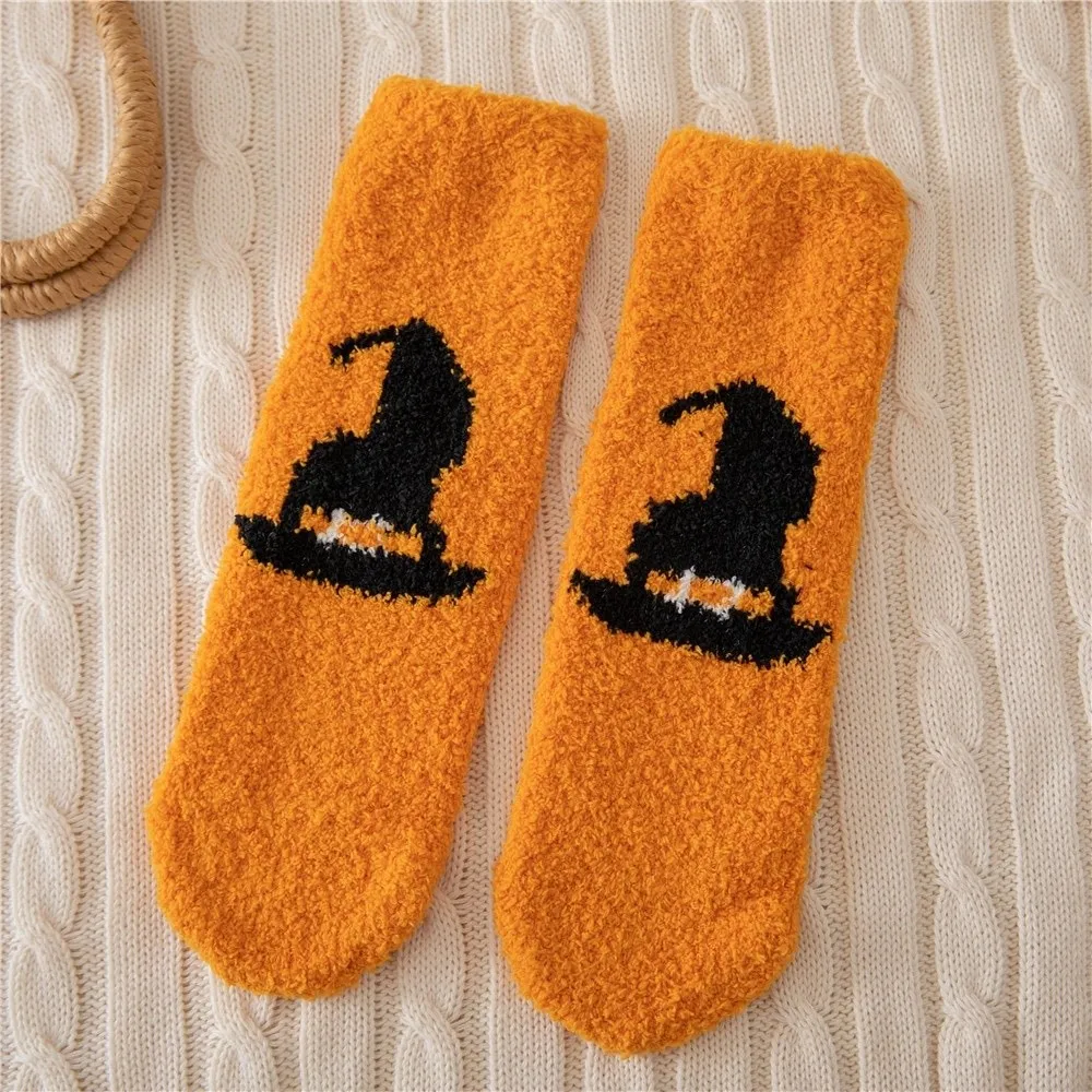4pairs/set Coral Fleece Halloween Socks Breathable Elastic Pumpkin Wizard Hat Tube Socks Soft Warm Bat Ghost Mid-Calf Socks
