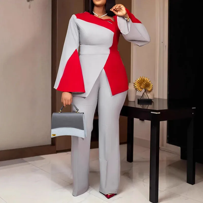

Elegant Two Piece Set for Woman Matching Sets Office Lady Color Patchwork Flare Sleeve Top and Wide Leg Pant Suits Club Outfits