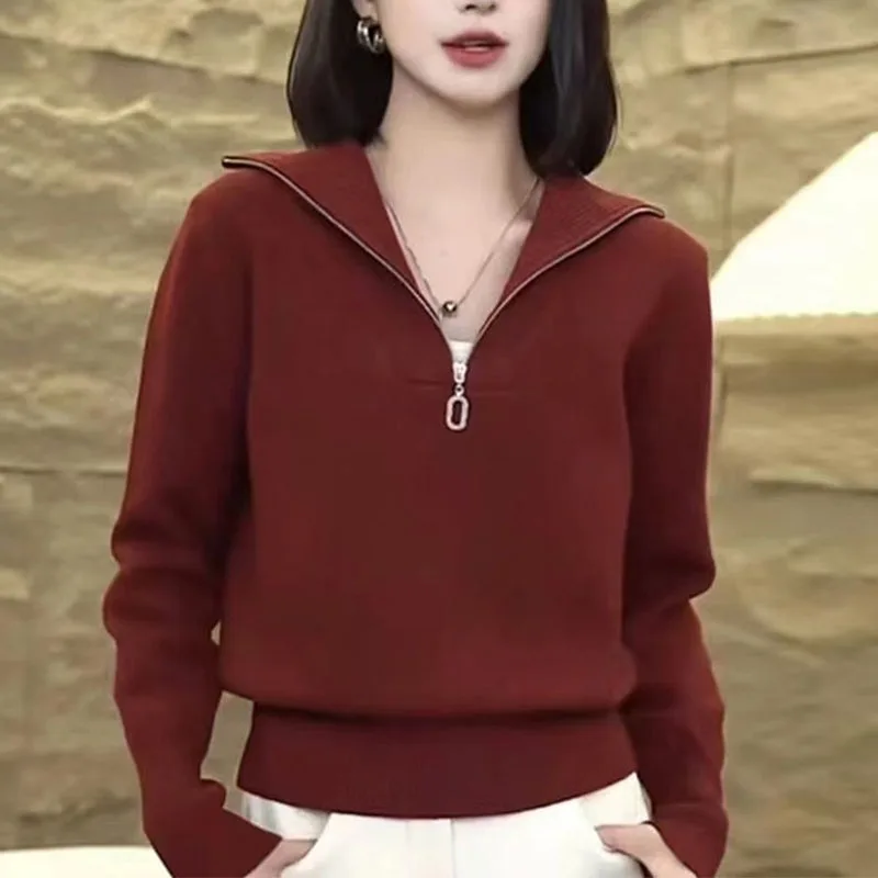 เสื้อสเวตเตอร์แขนยาวผู้หญิงแบบเรียบง่าย สไตล์ลำลอง แฟชั่น ทันสมัย ผ้าถัก คอซิปครึ่งตัว สีพื้น
