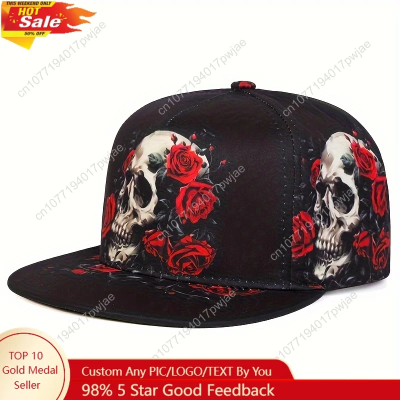 

Skull and Rose Print Snapback Cap - Lightweight, Non-Stretch, Flat Brim Hip Hop Hat for Men and Women, Easy to Clean
