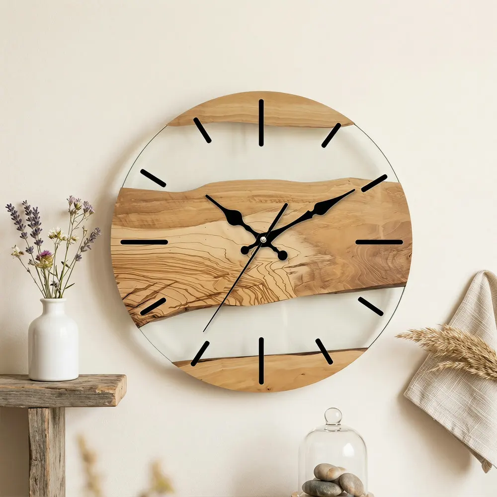 Wood Grain Glass Wall Clock, Creative Art Design Silent Non Ticking Quartz Clock, Modern Large Clock for Living Room Home Decor