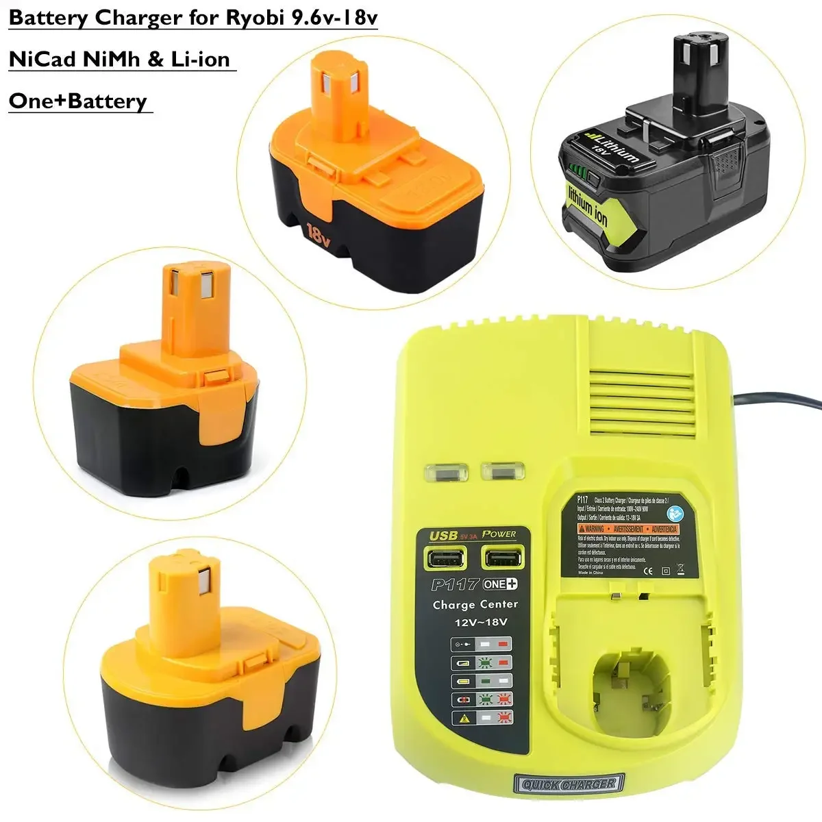 New P117 Charger for 18V 5000mAH Li-ion RB18L50 Rechargeable Battery for Ryobi  for Ryobi 9.6V-18V EU Plug（not included battery)