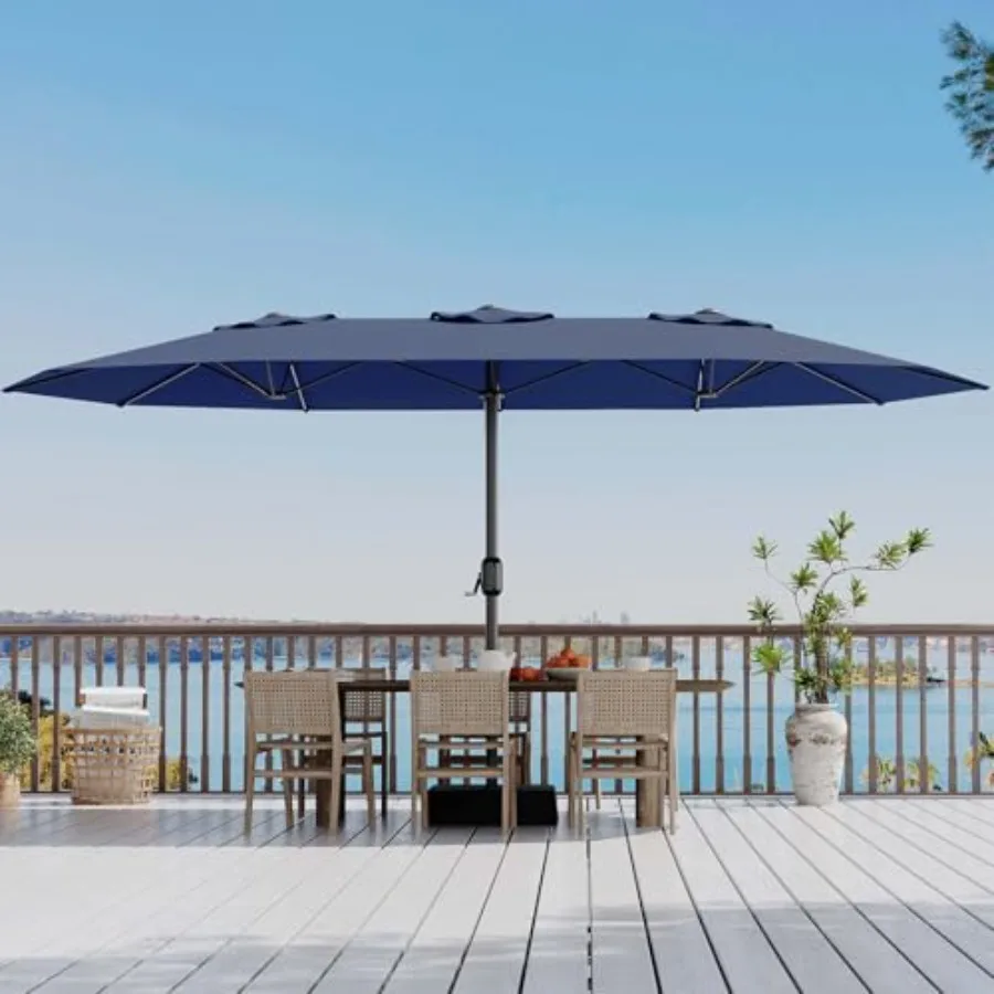 

15 ft Rectangular Patio Umbrella with Base Included Navy Blue Polyester UV-Protective Canopy for Outdoor Market Backyard Pool