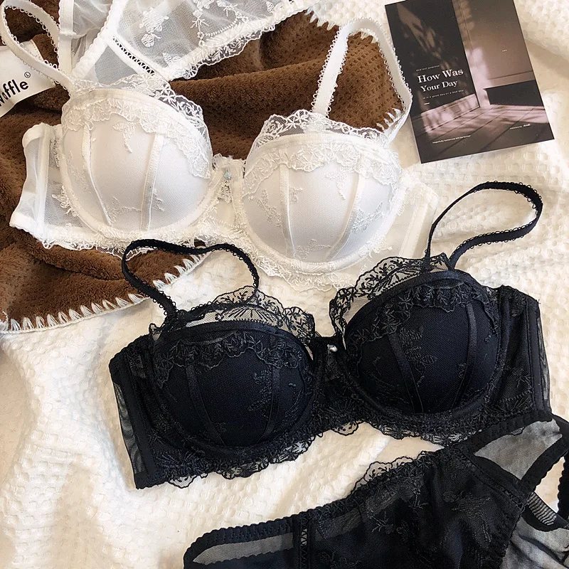 Half cup lace embroidery sexy underwear bralette thin soft steel ring upper support gathers big breasts small bra set