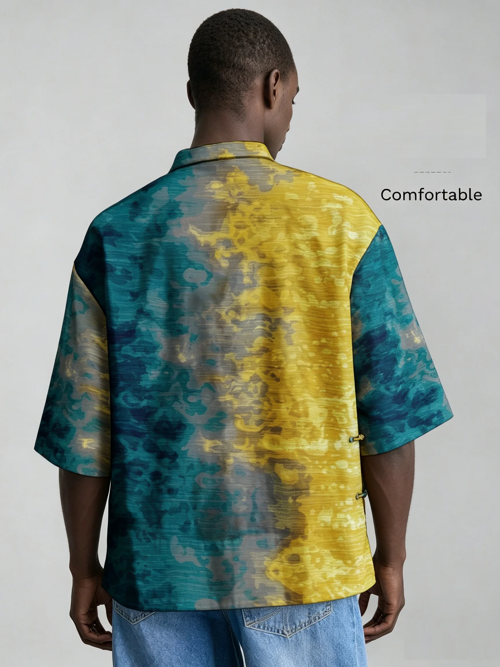 Men Chinese Style Frog Button Stand Collar Shirt, Loose Short Sleeve Animal Print Casual Blouse For Summer