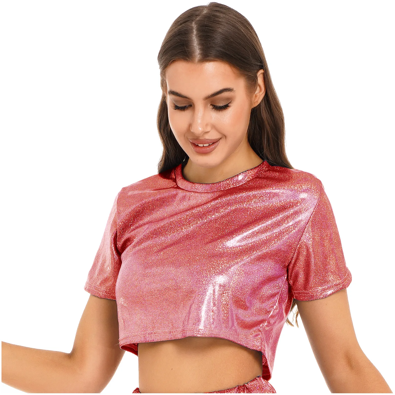 Womens Metallic Shiny Crop Top Short Sleeve Casual T-shirt Jazz Dance Stage Performance Tees Music Festival Clubwear Streetwear