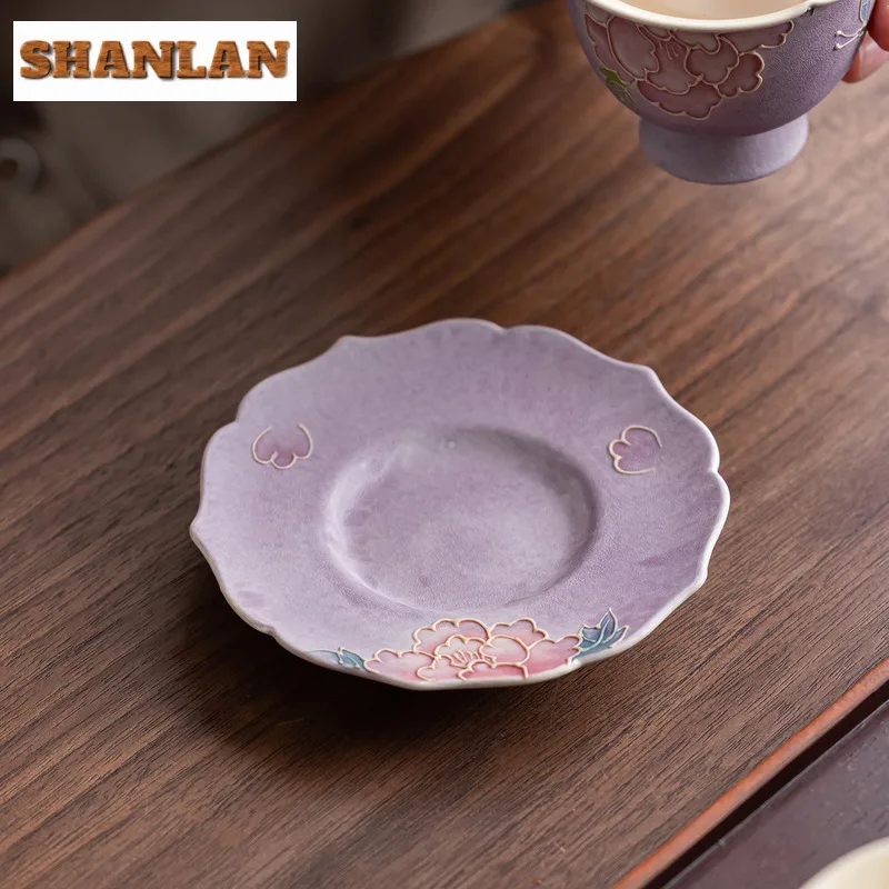 رسمت باليد الأرجواني الفاوانيا الوقايات الرجعية القدح لوحة ل فناجين القهوة الصحن العزل الحراري المفارش فنجان الشاي قاعدة طقم شاي صيني