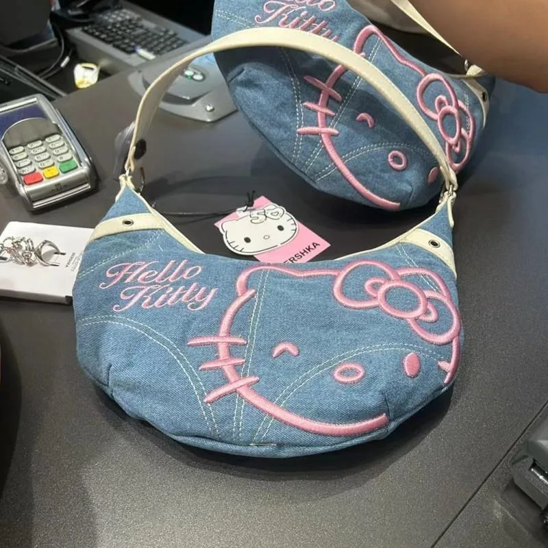 Nowa torebka rogalik damska torebka dżinsowa HelloKitty dżinsowa haftowana torba pod pachami torba crossbody